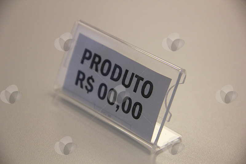 Display porta etiquetas em acrílico para identificação de preços de produtos